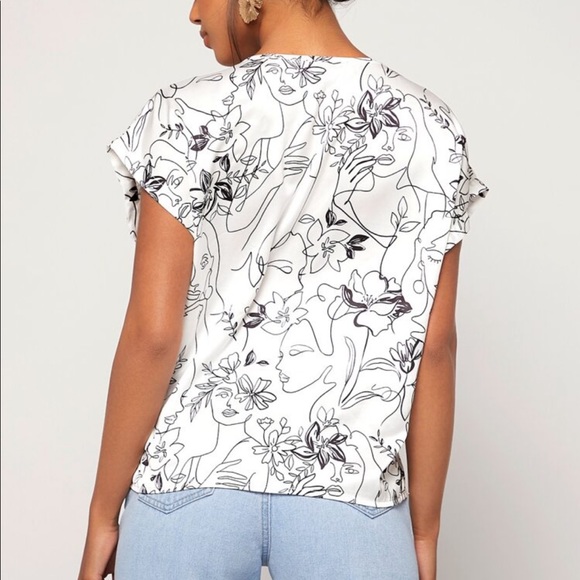 Elegant Classic Abstract Pop Art Floral Print Stain Top Blouse Shirt Black White - Picture 2 of 5